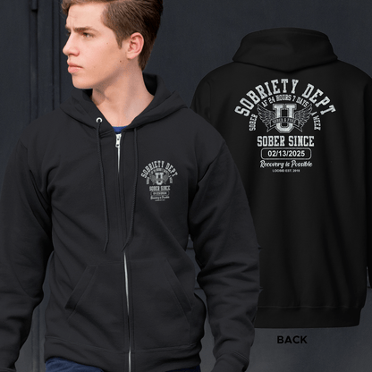 Sobriety Dept Zip Hoodie Front and Back Print Hoodie – Sober AF 24/7 with Custom Sobriety Date