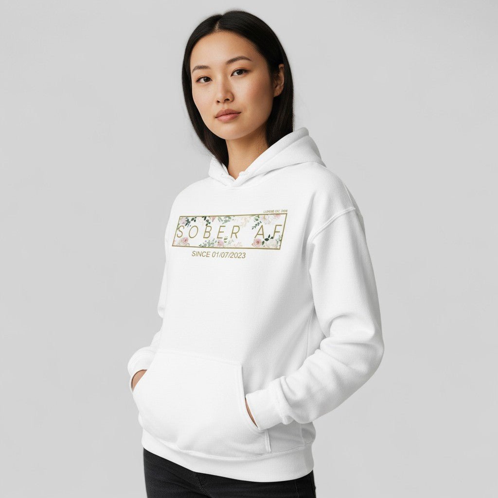 Recovery Hoodie | Women's Sober AF Flower Hoodie with Custom Date