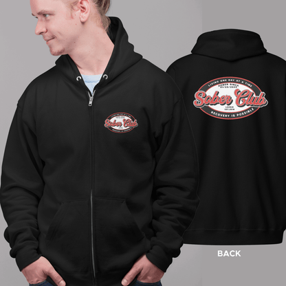 Sober Club Badge Unisex Zip Hoodie Front and Back Print  Hoodie with Custom Sobriety Date (Front & Back)