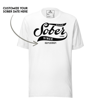 Back view of person wearing sobriety t shirt with jeans