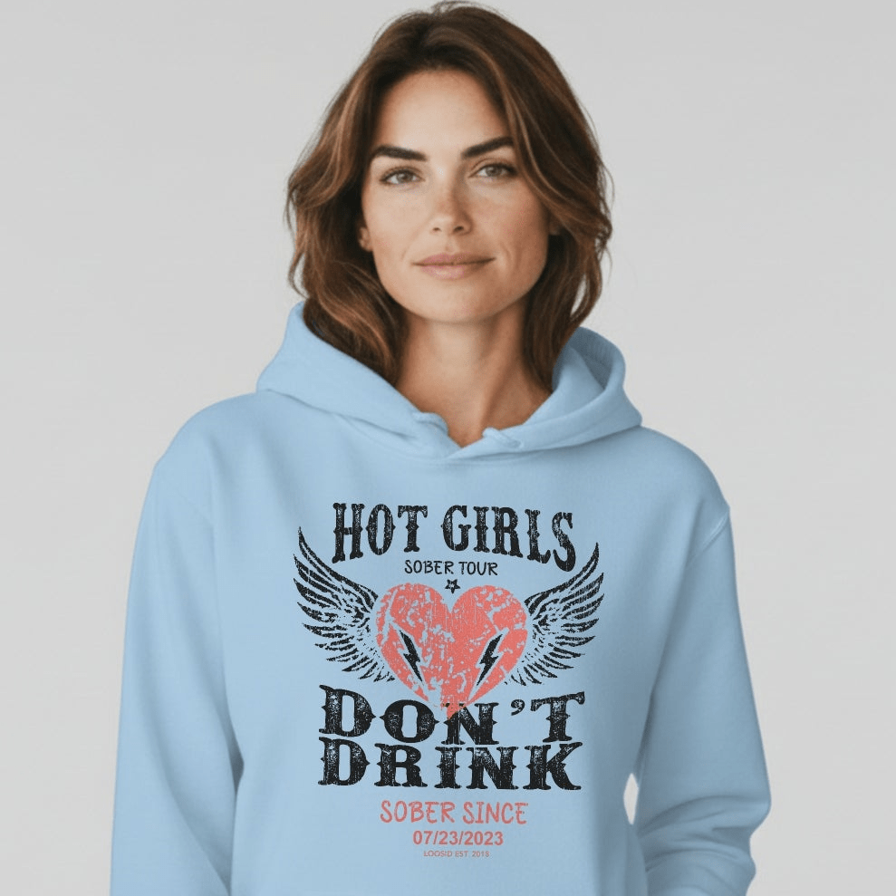 Hot Girls Don't Drink Custom Sobriety Date Recovery Hoodie close-up view (view 2)