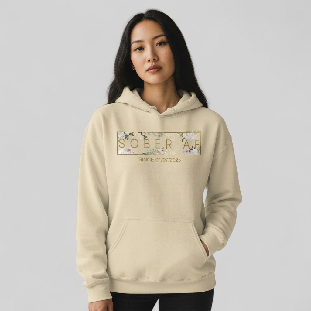 Recovery Hoodie | Women's Sober AF Flower Hoodie with Custom Date