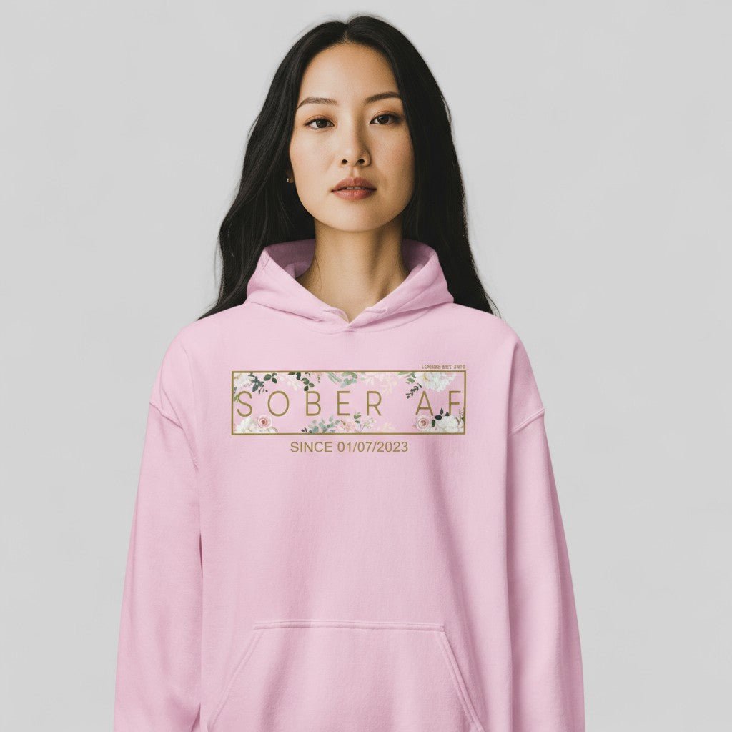 Recovery Hoodie | Women's Sober AF Flower Hoodie with Custom Date
