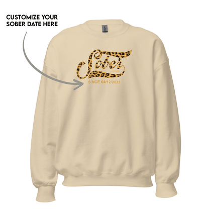 Leopard Sober Since Sweatshirt w/ Personalized Sobriety Date