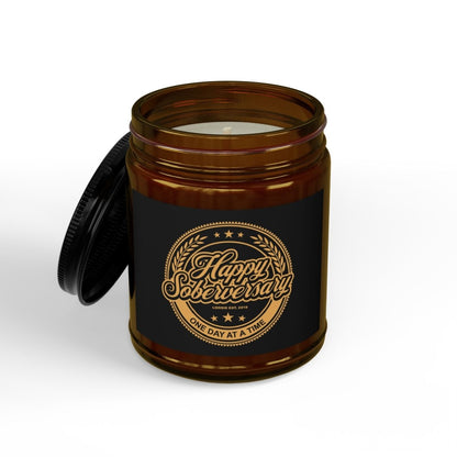 Happy Soberversary Scented Soy Candles with Black Lid Sobriety Gift flat lay styled image (view 3)