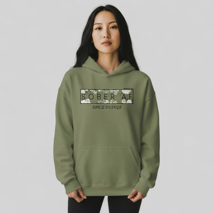 Recovery Hoodie | Women's Sober AF Flower Hoodie with Custom Date