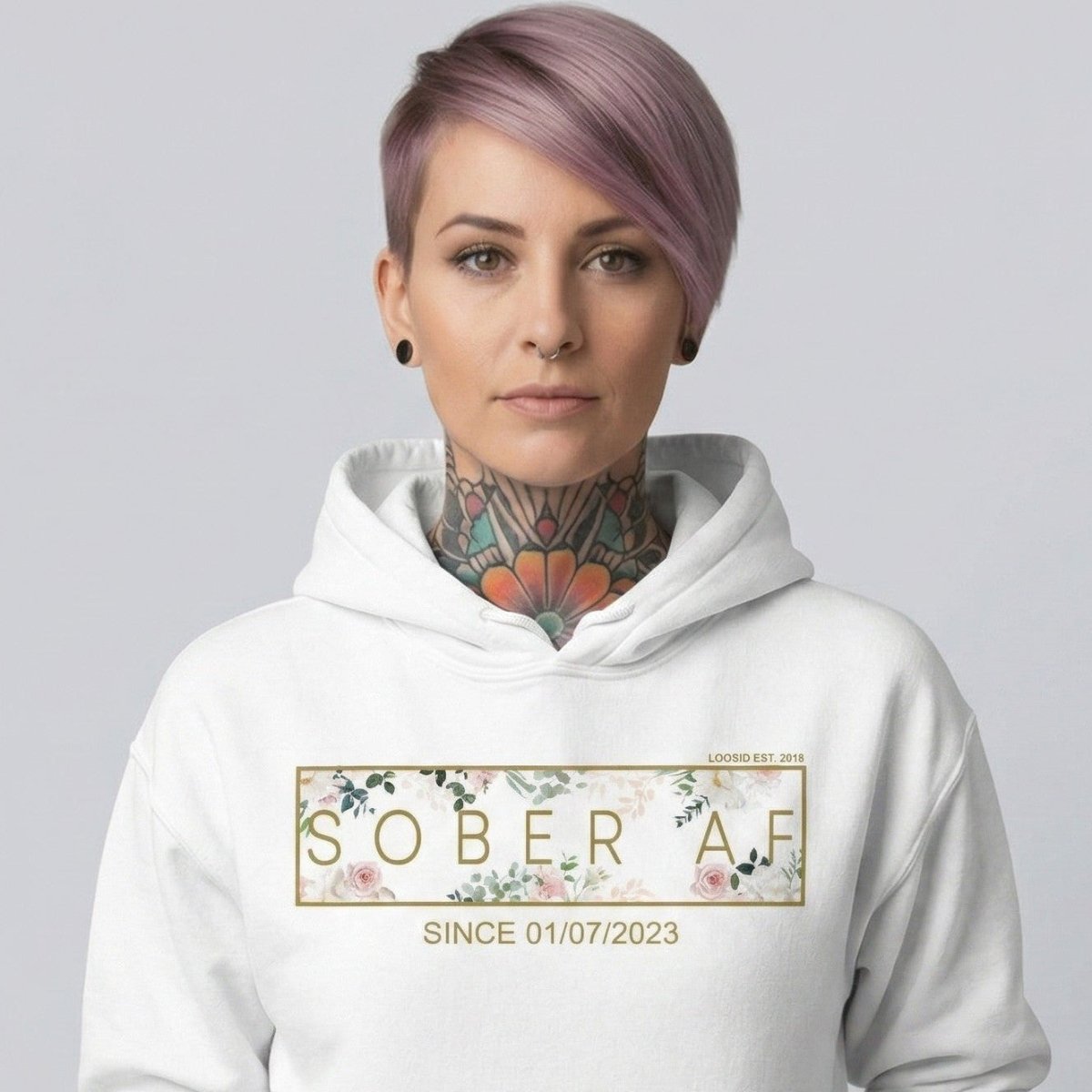 Recovery Hoodie | Women's Sober AF Flower Hoodie with Custom Date