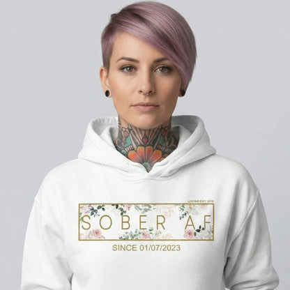 Recovery Hoodie | Women's Sober AF Flower Hoodie with Custom Date