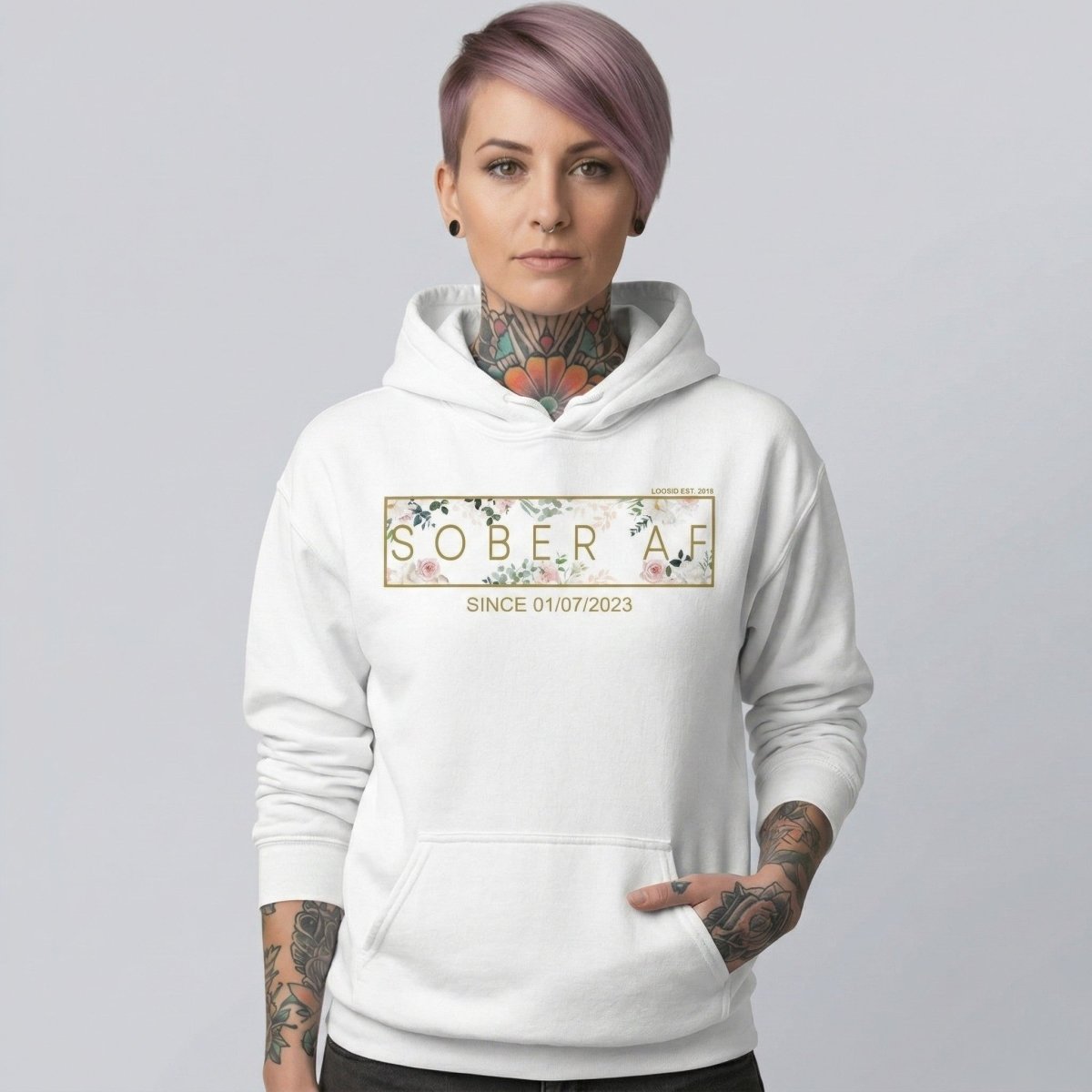 Recovery Hoodie | Women's Sober AF Flower Hoodie with Custom Date