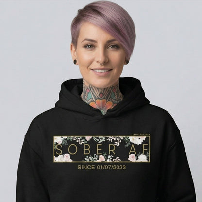 Recovery Hoodie | Women's Sober AF Flower Hoodie with Custom Date