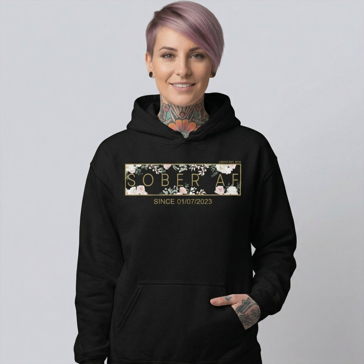 Recovery Hoodie | Women's Sober AF Flower Hoodie with Custom Date