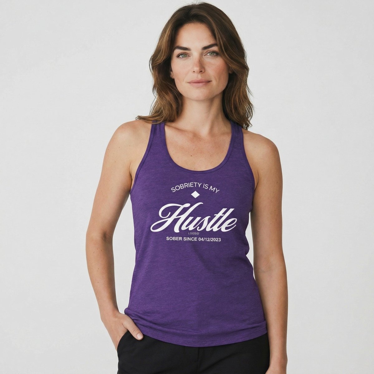 Hustle Women's Racerback Tank w/Personalize Sober Date