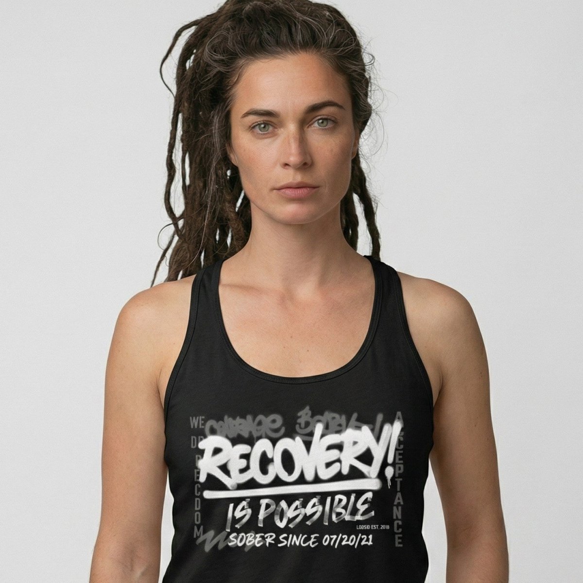 Women’s Recovery Is Possible Racerback Tank w/ Personalized Sobriety Date