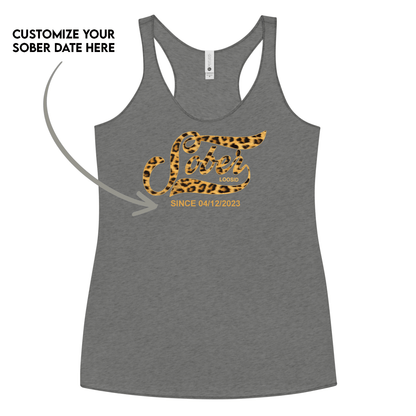 Leopard Sober Since Racerback Tank w/ Personalized Sobriety Date