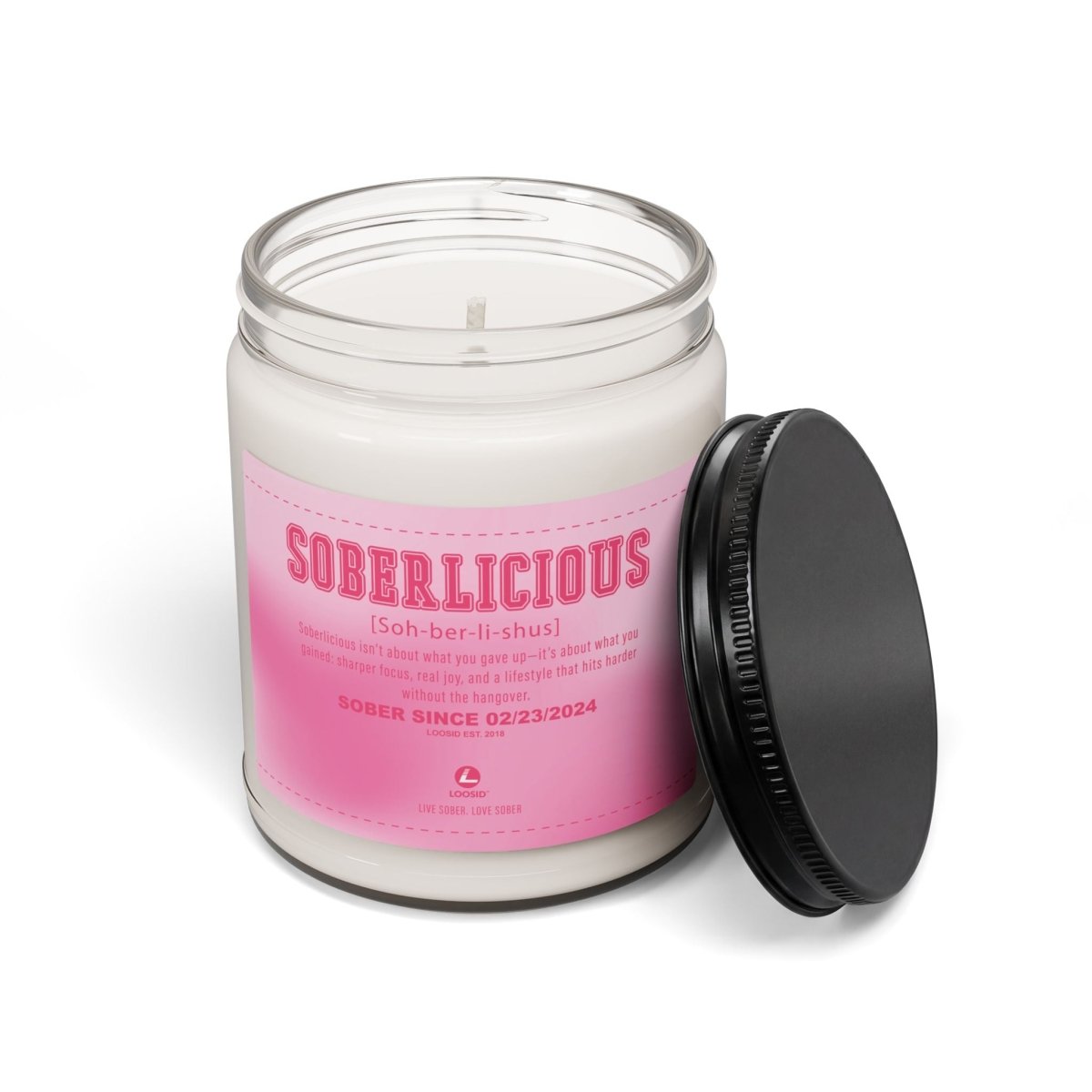 Soberlicious Scented Soy Sobriety Candle flat lay styled image (view 3)