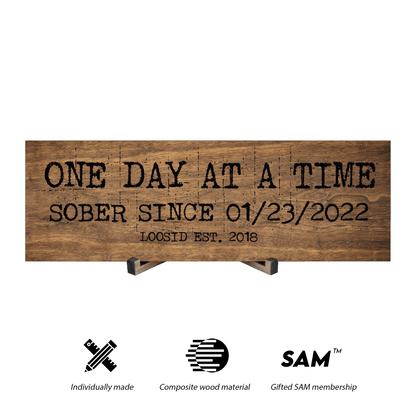 One Day At A Time Printed Composite Brown Wood Sign w/ Personalized Sobriety Date