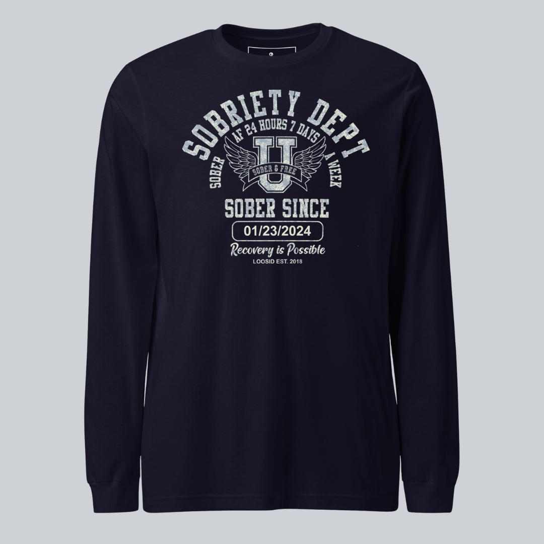 Men's Sobriety Dept Sober AF 24/7 Long Sleeve T-shirt with Custom Sobriety Date