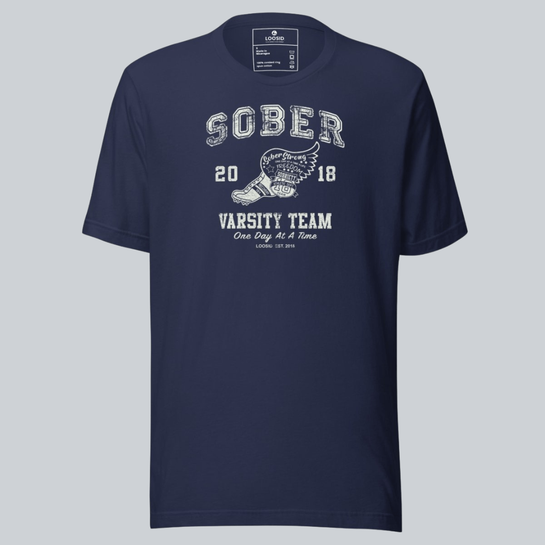 Side view of the Sober Varsity men's cotton tee