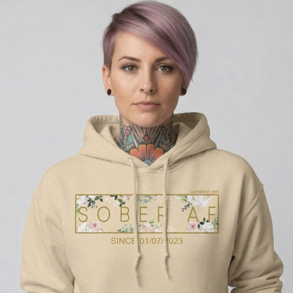 Recovery Hoodie | Women's Sober AF Flower Hoodie with Custom Date