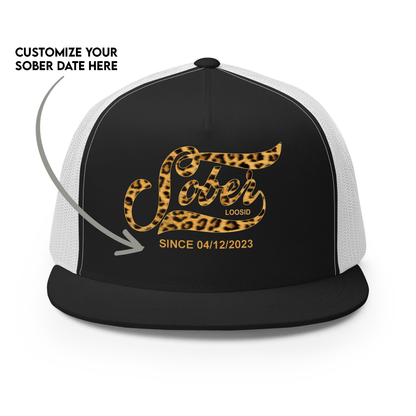 Leopard Sober Since Printed Trucker Cap w/ Personalized Sobriety Date