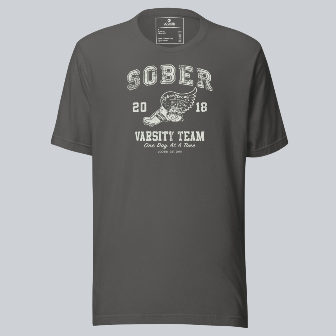 Close-up of the Sober Varsity graphic printed on a Sober Shirt (view 12)