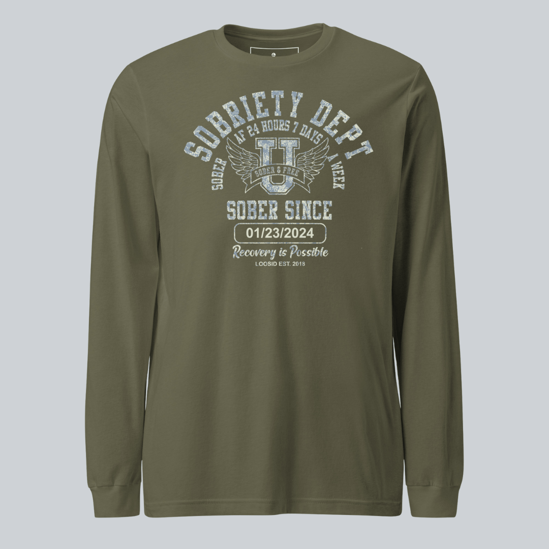 Men's Sobriety Dept Sober AF 24/7 Long Sleeve T-shirt with Custom Sobriety Date
