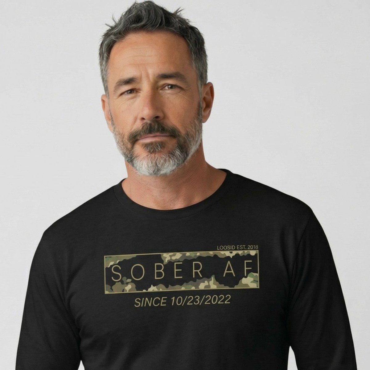Men's Sober AF Camo Long Sleeve T-shirt with Custom Sobriety Date