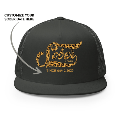 Leopard Sober Since Printed Trucker Cap w/ Personalized Sobriety Date
