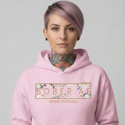 Recovery Hoodie | Women's Sober AF Flower Hoodie with Custom Date