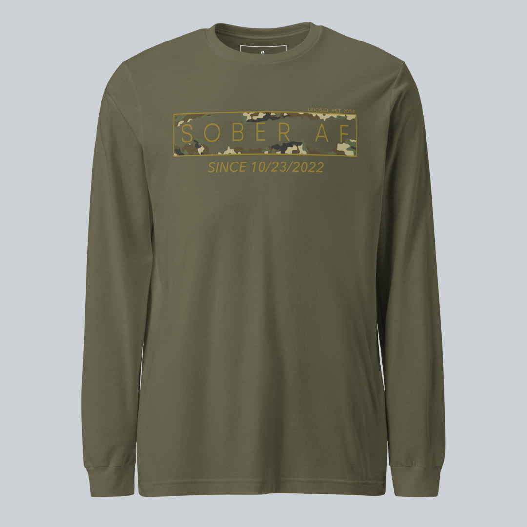 Men's Sober AF Camo Long Sleeve T-shirt with Custom Sobriety Date