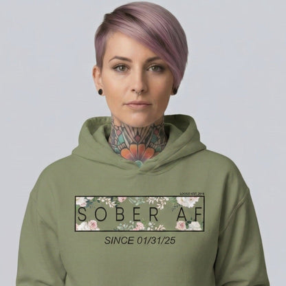 Recovery Hoodie | Women's Sober AF Flower Hoodie with Custom Date