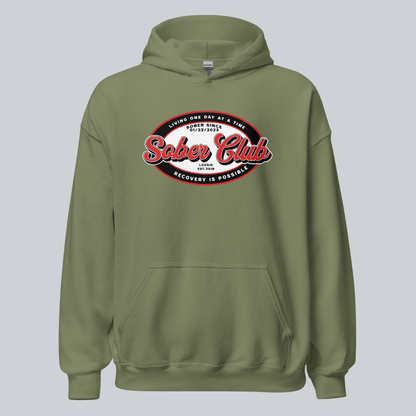 Sober Club Badge Unisex Hoodie with Custom Sobriety Date