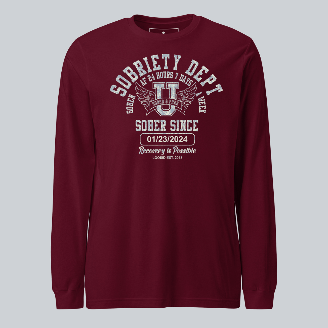 Men's Sobriety Dept Sober AF 24/7 Long Sleeve T-shirt with Custom Sobriety Date