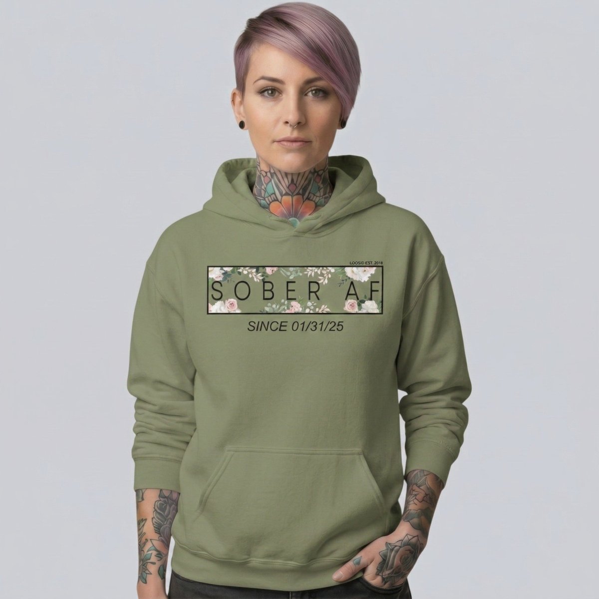 Recovery Hoodie | Women's Sober AF Flower Hoodie with Custom Date