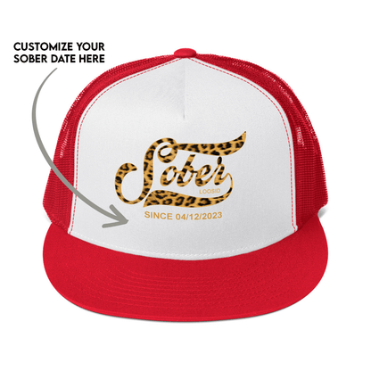Leopard Sober Since Printed Trucker Cap w/ Personalized Sobriety Date