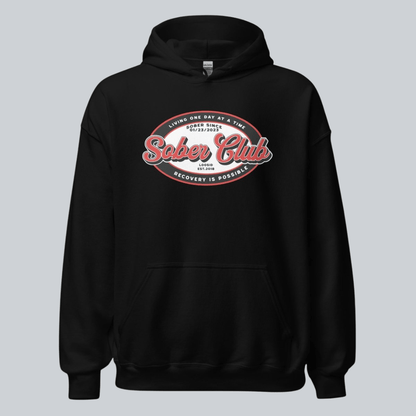 Sober Club Badge Unisex Hoodie with Custom Sobriety Date