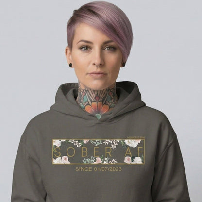 Recovery Hoodie | Women's Sober AF Flower Hoodie with Custom Date