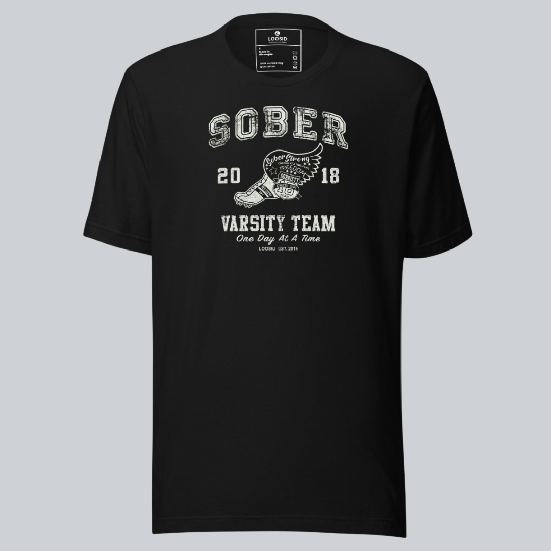 Close-up of the Sober Varsity graphic printed on a Sober Shirt