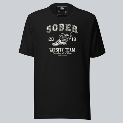 Close-up of the Sober Varsity graphic printed on a Sober Shirt
