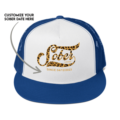 Leopard Sober Since Printed Trucker Cap w/ Personalized Sobriety Date