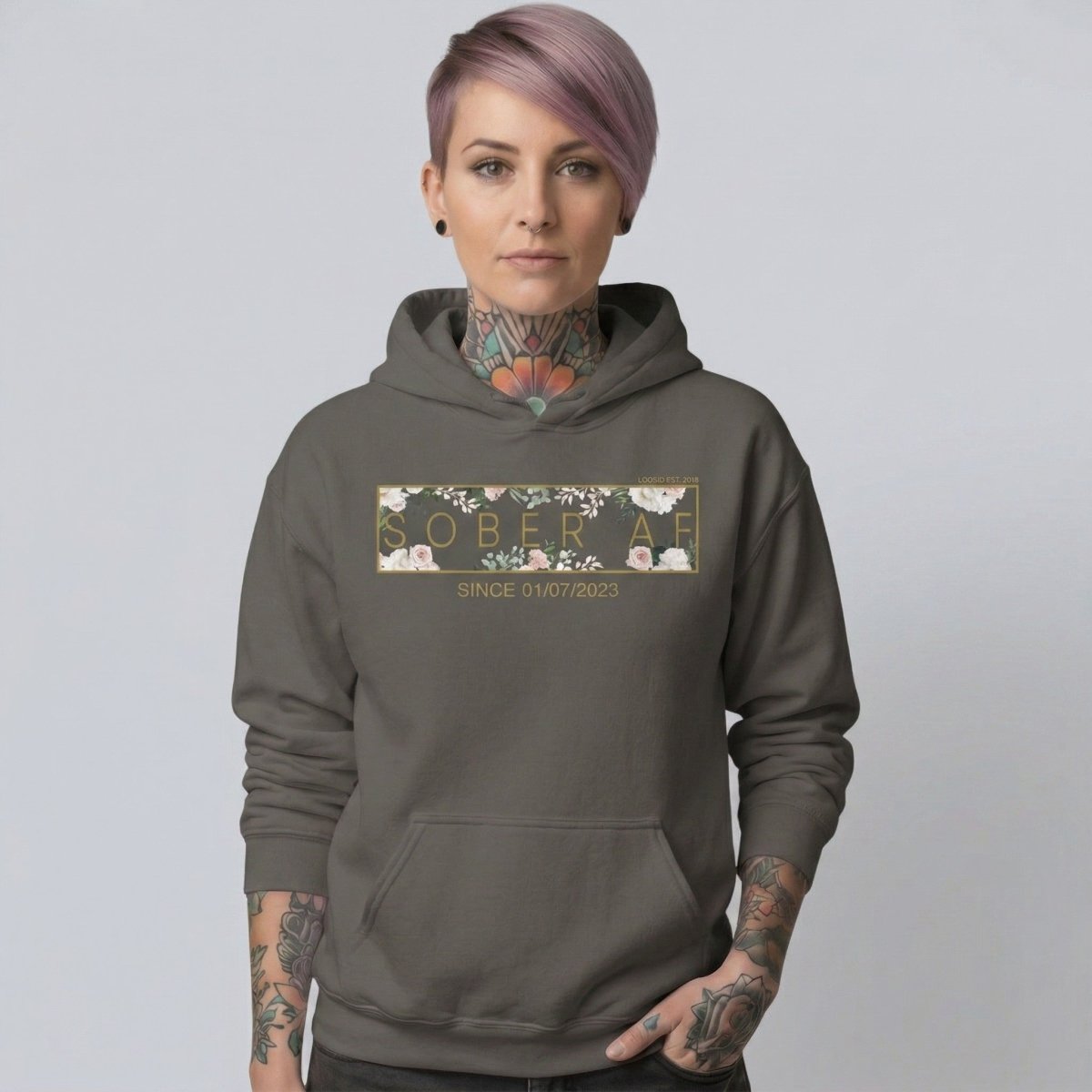 Recovery Hoodie | Women's Sober AF Flower Hoodie with Custom Date