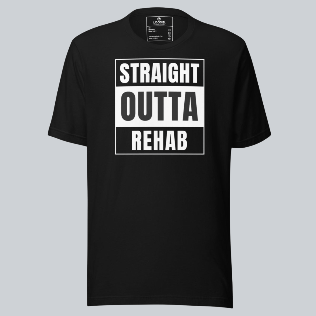 Straight Outta Rehab Sober T Shirt flat lay styled image (view 3)