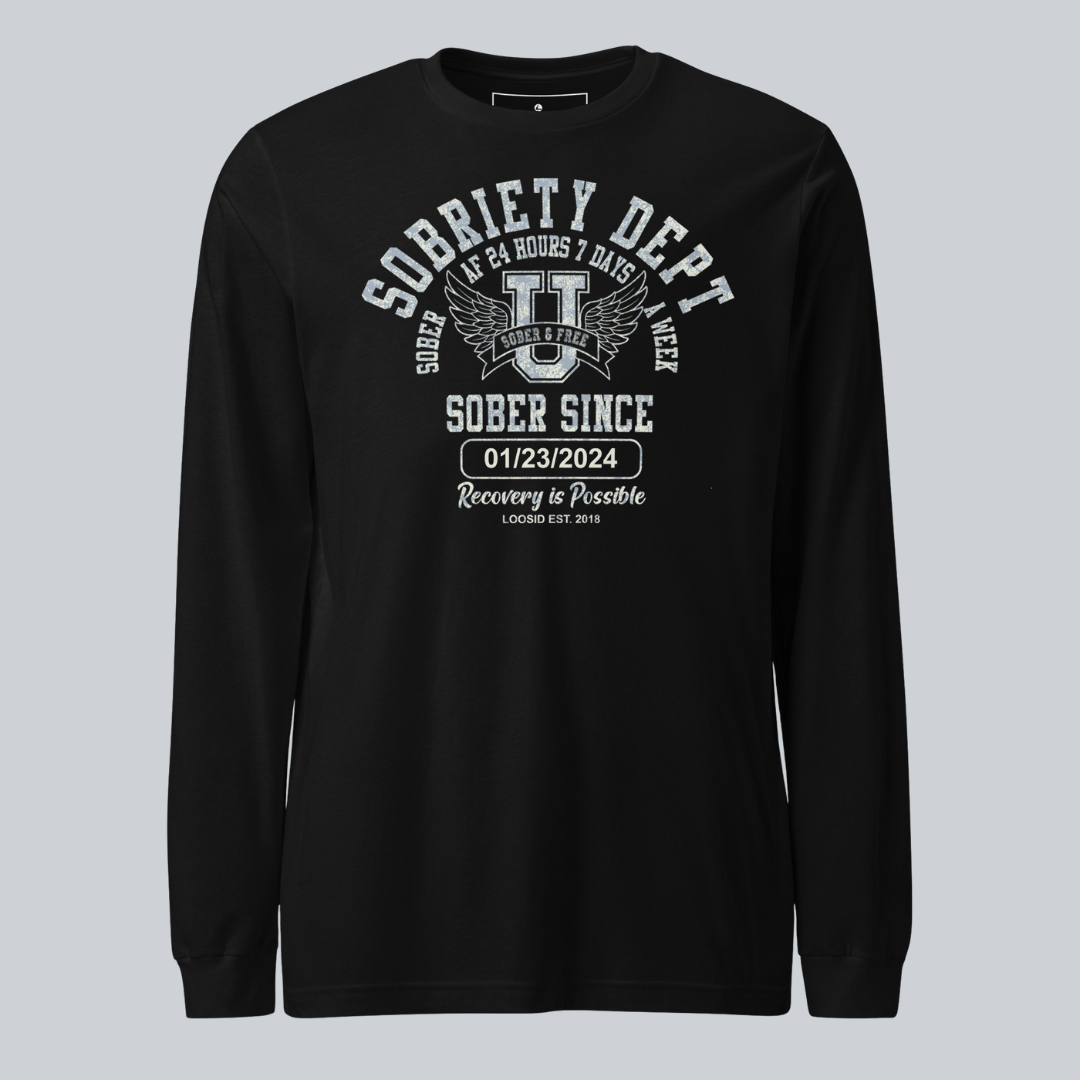 Men's Sobriety Dept Sober AF 24/7 Long Sleeve T-shirt with Custom Sobriety Date