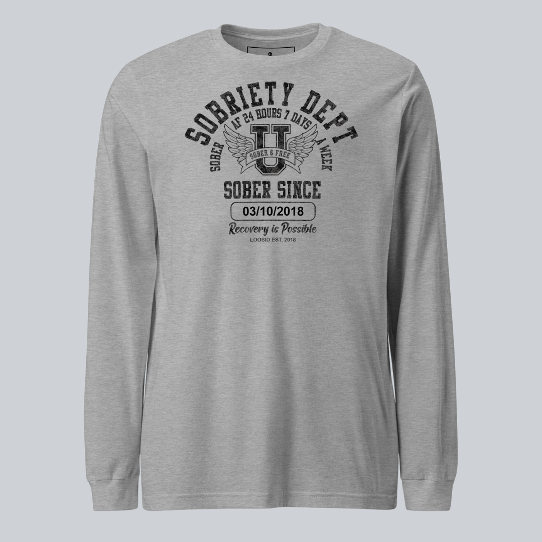 Men's Sobriety Dept Sober AF 24/7 Long Sleeve T-shirt with Custom Sobriety Date