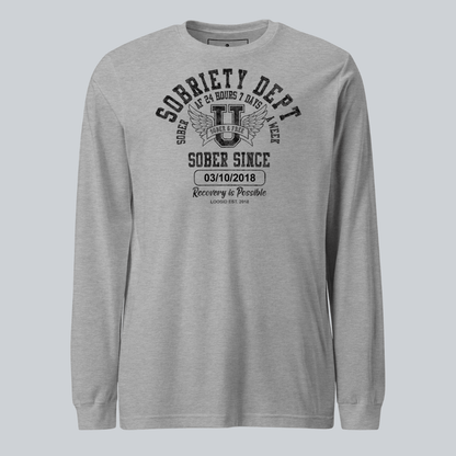 Men's Sobriety Dept Sober AF 24/7 Long Sleeve T-shirt with Custom Sobriety Date