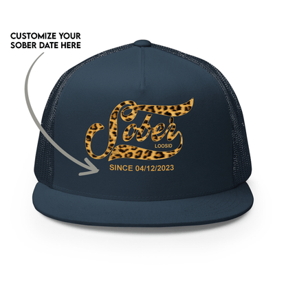 Leopard Sober Since Printed Trucker Cap w/ Personalized Sobriety Date