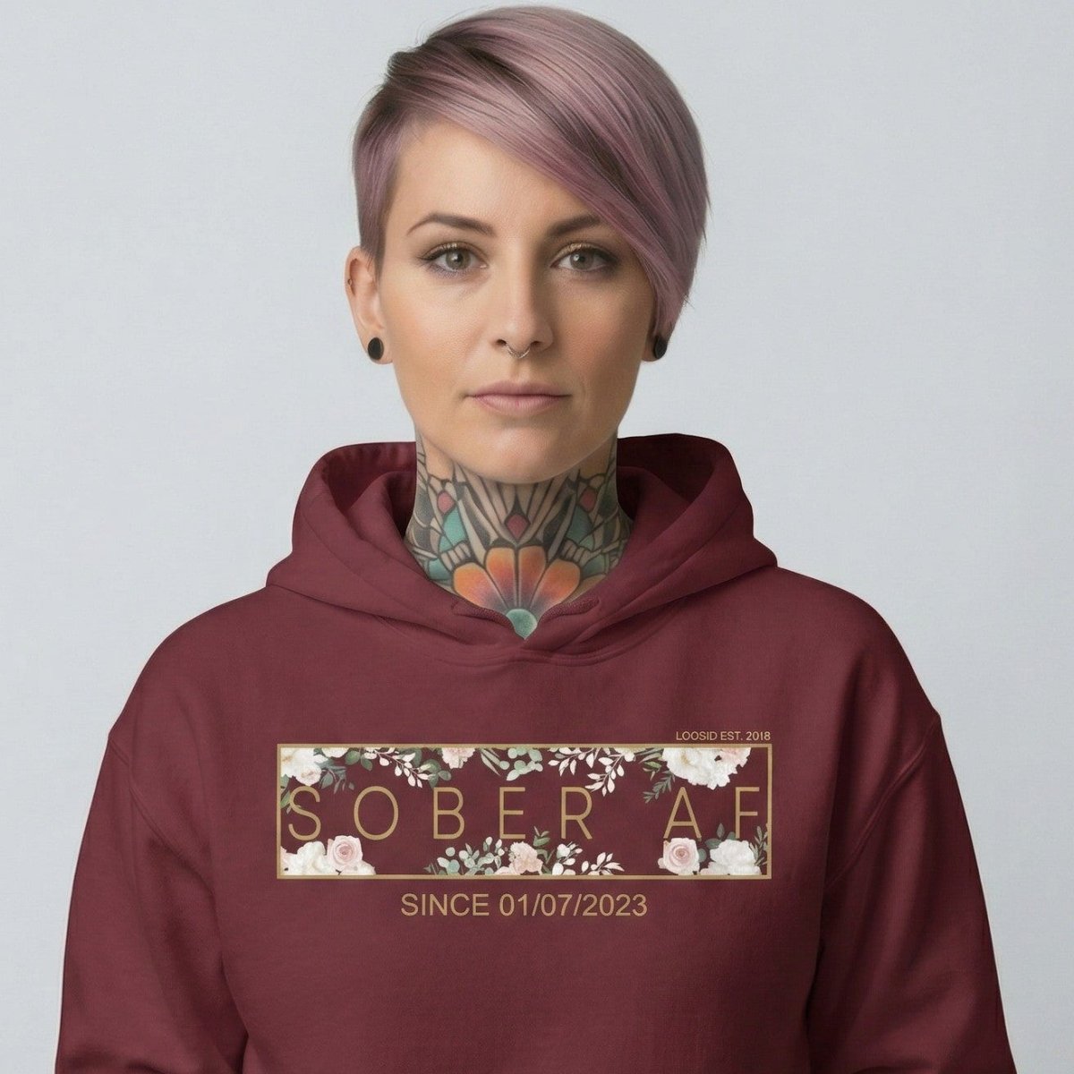 Recovery Hoodie | Women's Sober AF Flower Hoodie with Custom Date