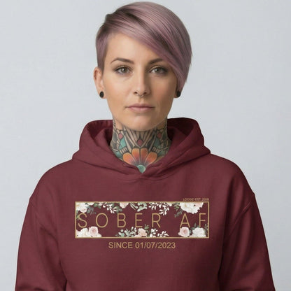Recovery Hoodie | Women's Sober AF Flower Hoodie with Custom Date