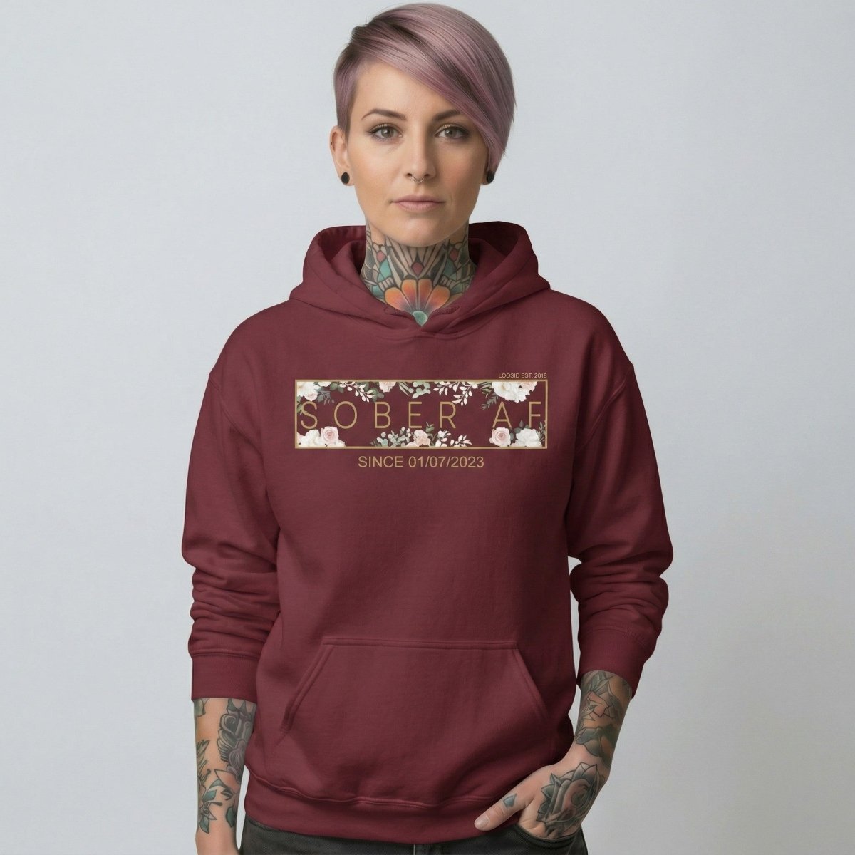 Recovery Hoodie | Women's Sober AF Flower Hoodie with Custom Date