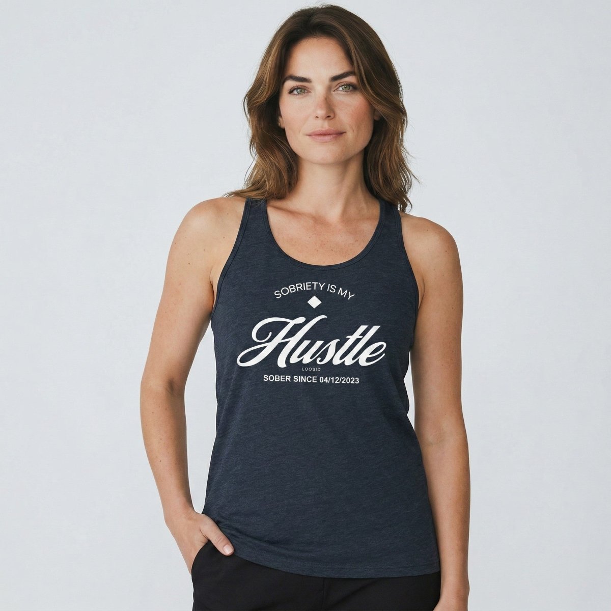Hustle Women's Racerback Tank w/Personalize Sober Date